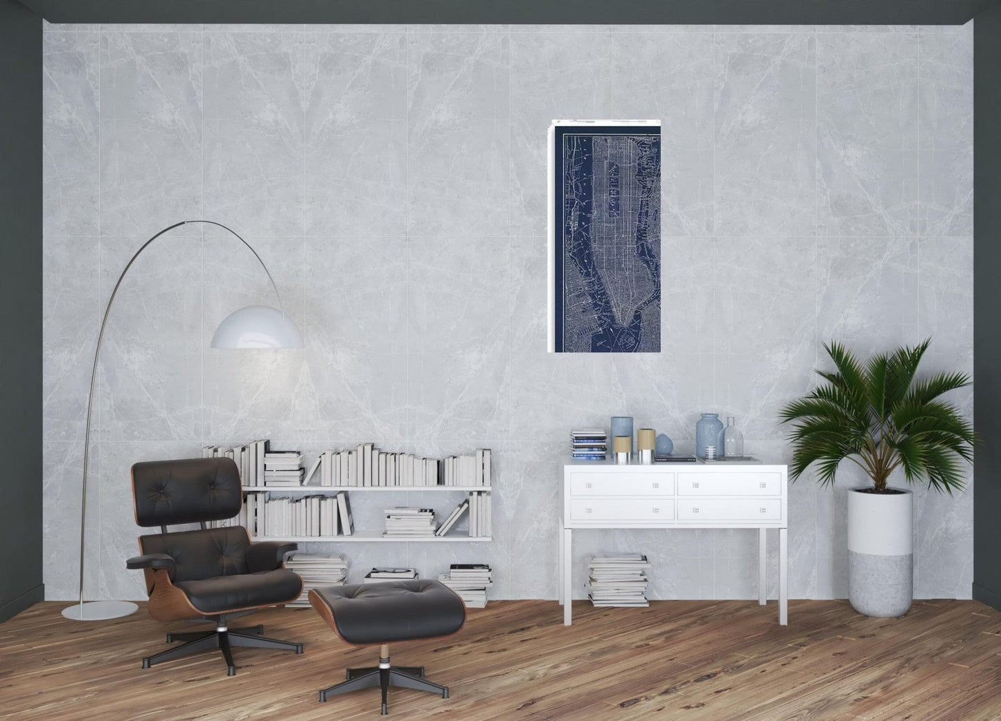 48" x 32" Indigo and White Aerial New York Map Canvas Wall Art - Homeroots - Flyclothing LLC