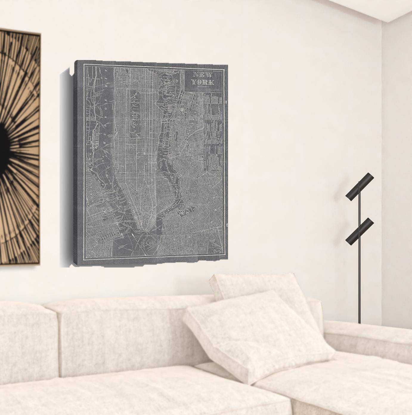 48" x 32" Gray and White Aerial New York Map Canvas Wall Art - Homeroots - Flyclothing LLC