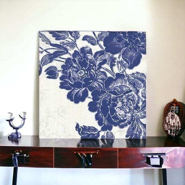 Blue Toile Rose Unframed Print Wall Art - Homeroots - Flyclothing LLC