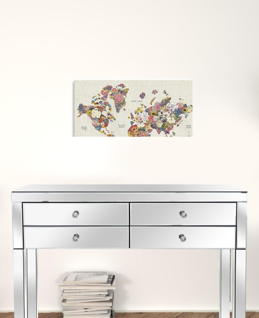 24" x 16" Fun Floral Map of the World Canvas Wall Art - Homeroots