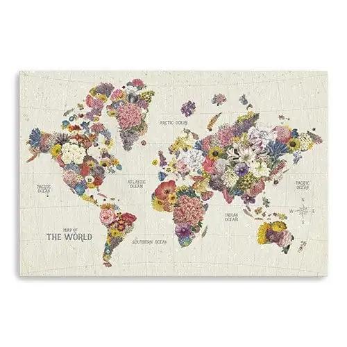 36" x 24" Fun Floral Map of the World Canvas Wall Art - Homeroots