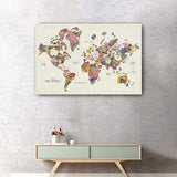 36" x 24" Fun Floral Map of the World Canvas Wall Art - Homeroots