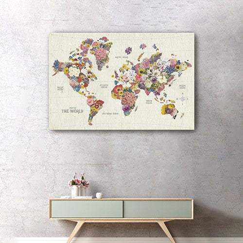 48" x 32" Fun Floral Map of the World Canvas Wall Art - Homeroots - Flyclothing LLC