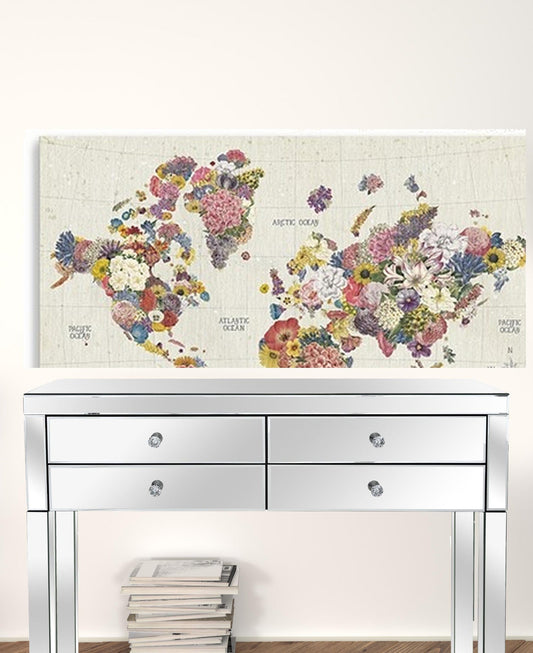 48" x 32" Fun Floral Map of the World Canvas Wall Art - Homeroots
