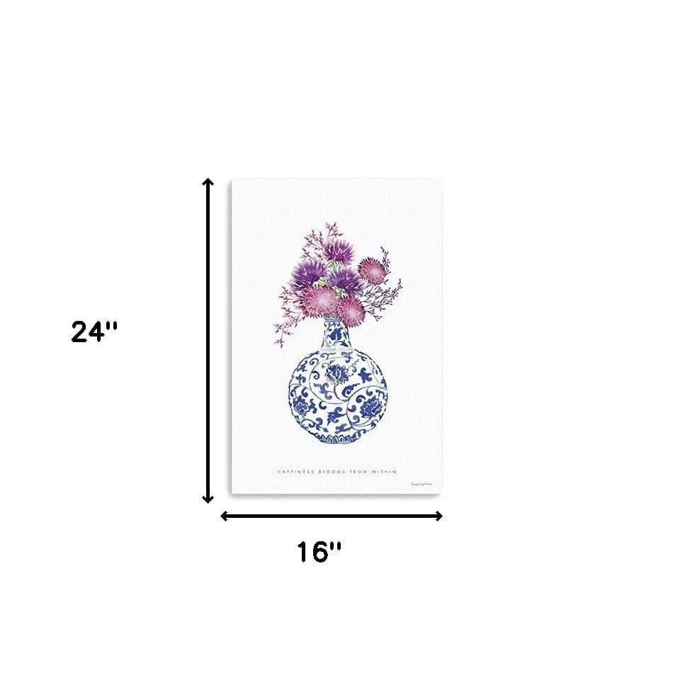 24" x 16" Blue and White Happiness Floral Vase Canvas Wall Art - Homeroots - Flyclothing LLC