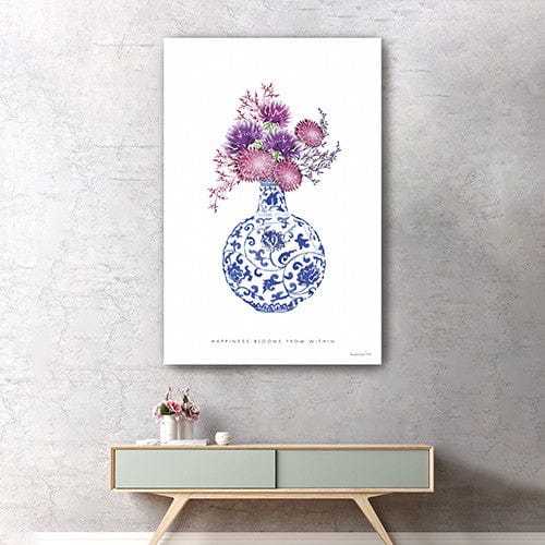 36" x 24" Blue and White Happiness Floral Vase Canvas Wall Art - Homeroots