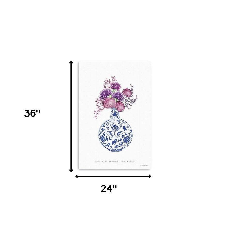 36" x 24" Blue and White Happiness Floral Vase Canvas Wall Art - Homeroots - Flyclothing LLC