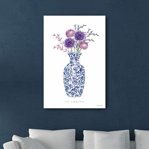 48" x 32" Blue and White Life Floral Vase Canvas Wall Art - Homeroots - Flyclothing LLC