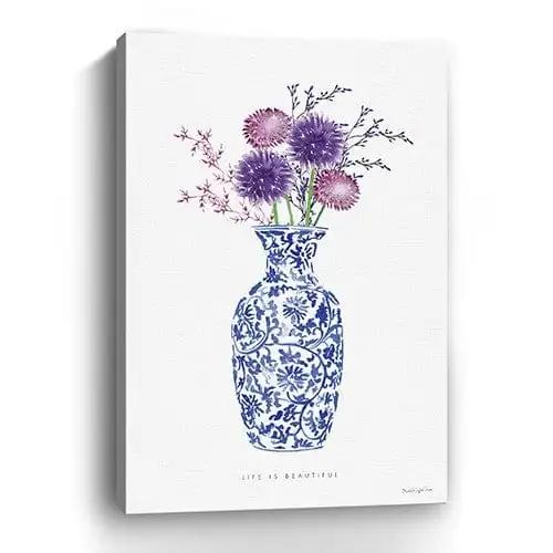 48" x 32" Blue and White Life Floral Vase Canvas Wall Art - Homeroots
