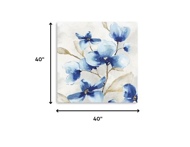 40" x 40" Watercolor Shades of Blue Floral Canvas Wall Art - Homeroots