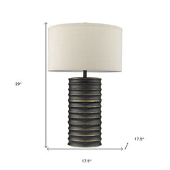 29" Black Metal Column Lamp With Off White Drum Shade