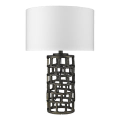 26" Black Metal Column Table Lamp With White Drum Shade