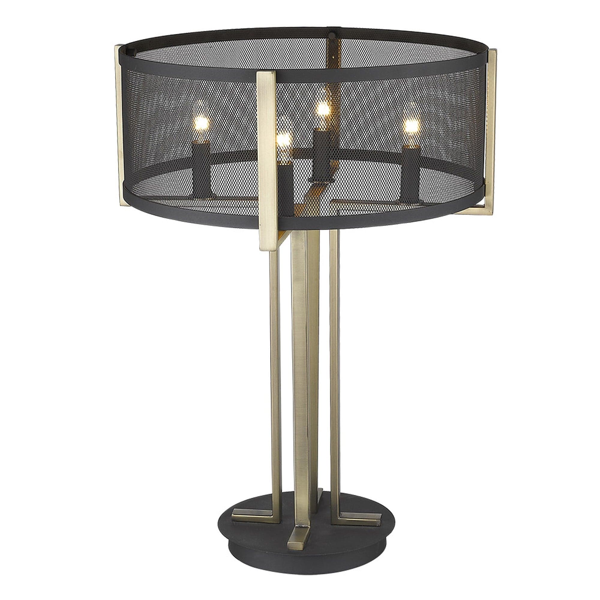 25" Brass Metal Four Light Geometric Table Lamp With Black Drum Shade - Homeroots - Flyclothing LLC