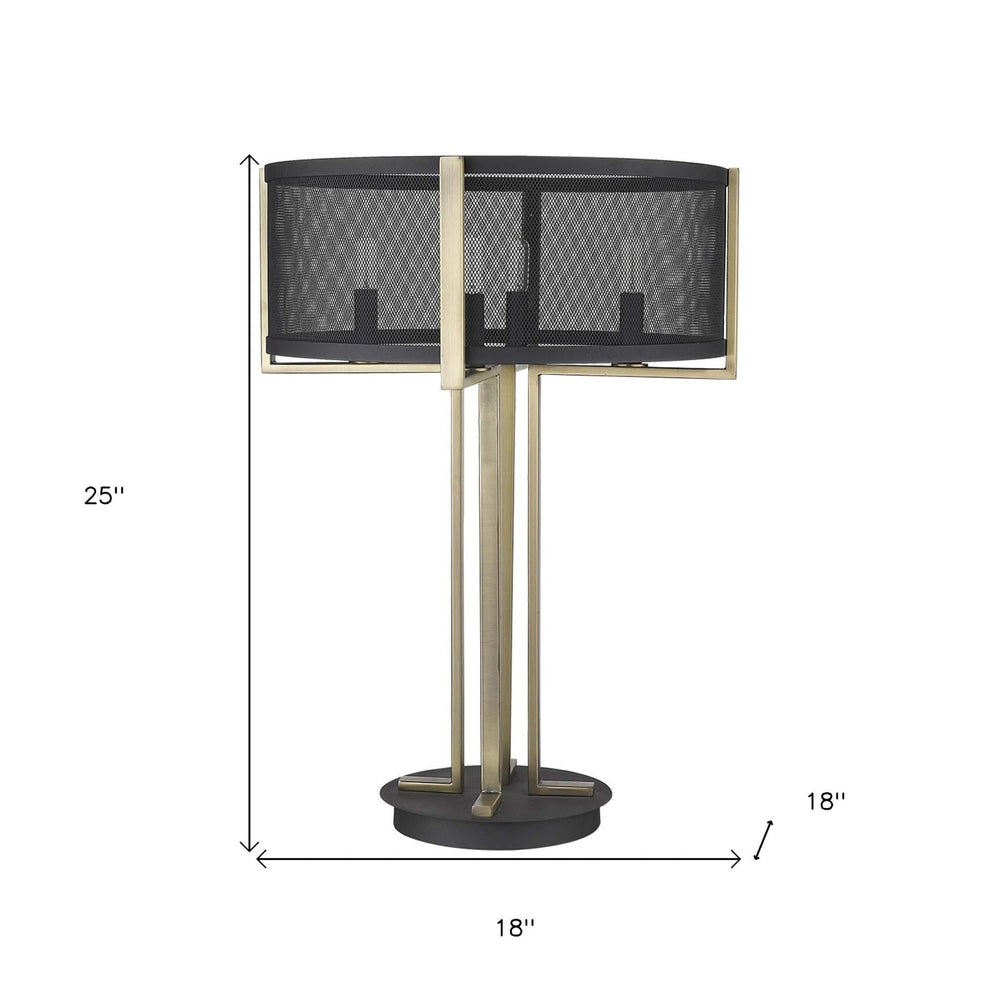 25" Brass Metal Four Light Geometric Table Lamp With Black Drum Shade - Homeroots