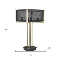25" Brass Metal Four Light Geometric Table Lamp With Black Drum Shade
