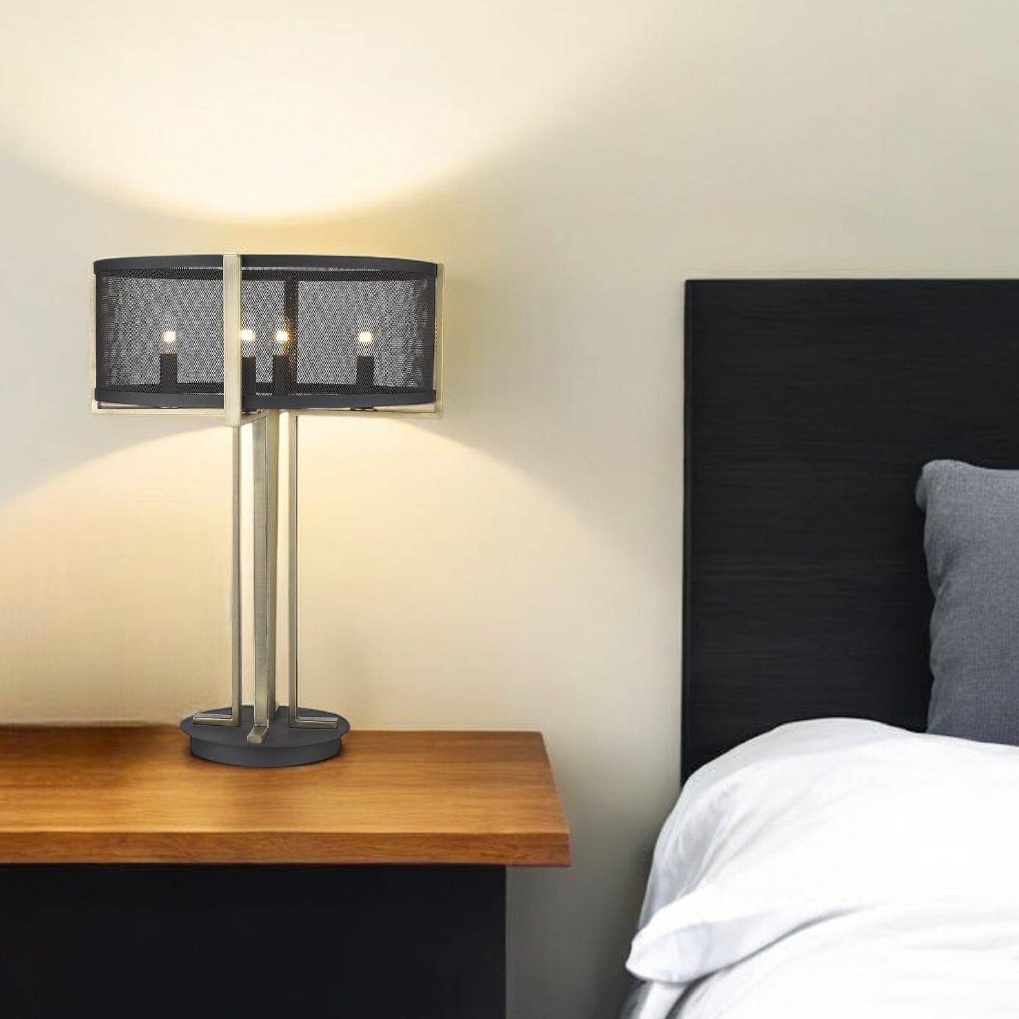 25" Brass Metal Four Light Geometric Table Lamp With Black Drum Shade - Homeroots - Flyclothing LLC