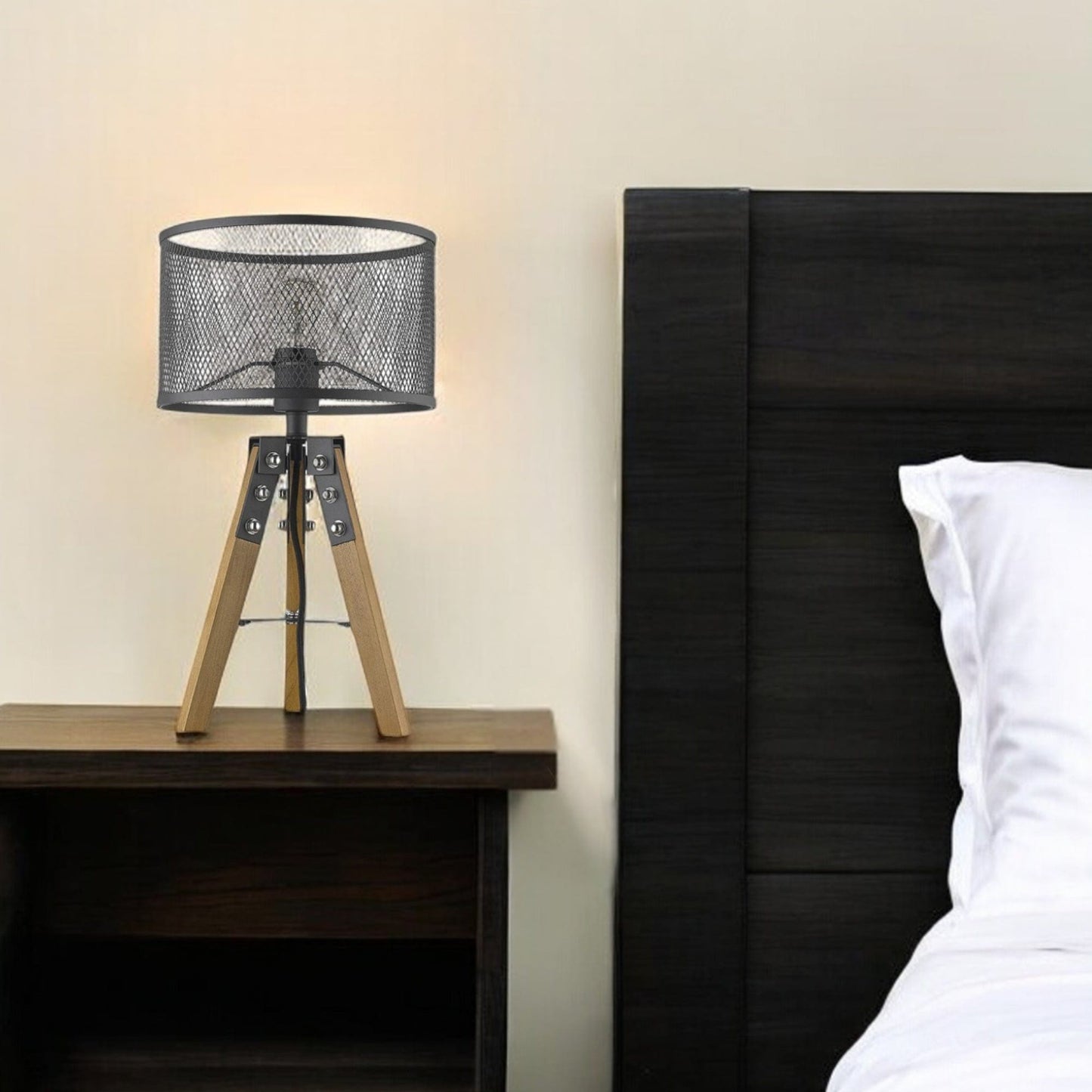 20" Brown Solid Wood Tripod Table Lamp With Black Drum Shade - Homeroots - Flyclothing LLC