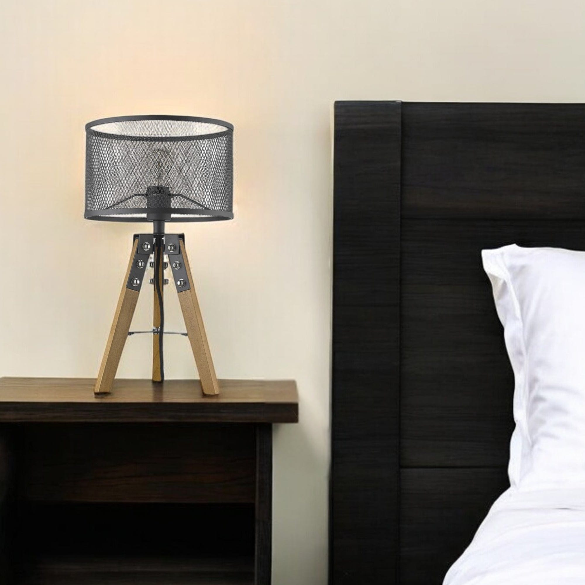 20" Brown Solid Wood Tripod Table Lamp With Black Drum Shade - Homeroots - Flyclothing LLC