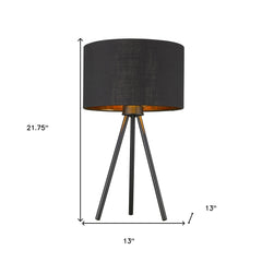 22" Black Metal Tripod Table Lamp With Black Drum Shade