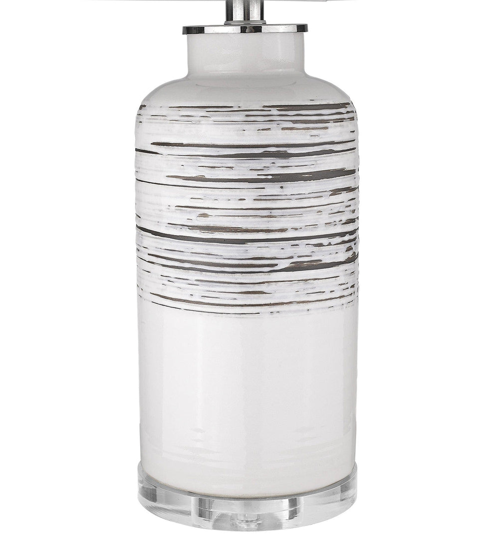 25" Black and White Ceramic Column Lamp With White Drum Shade - Homeroots