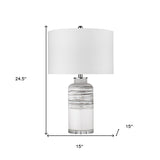 25" Black and White Ceramic Column Lamp With White Drum Shade - Homeroots