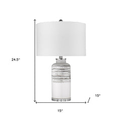 25" Black and White Ceramic Column Lamp With White Drum Shade