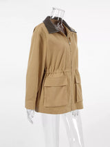 Oversized Contrast Collar Jacket with Drawstring Waist - Trendsi - Flyclothing LLC
