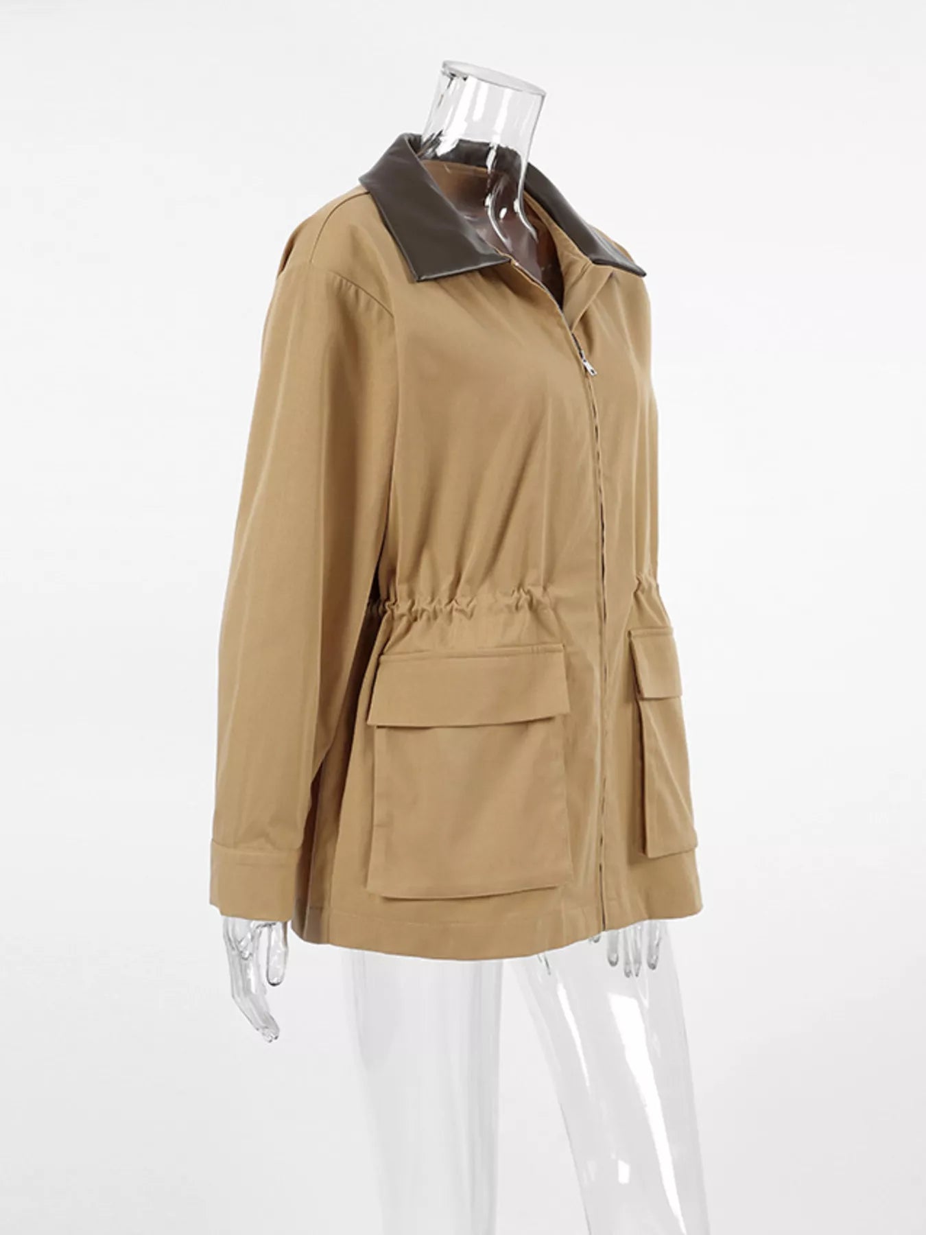 Oversized Contrast Collar Jacket with Drawstring Waist - Trendsi - Flyclothing LLC
