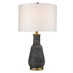 26" Gray and Gold Ceramic Column Lamp With White Drum Shade