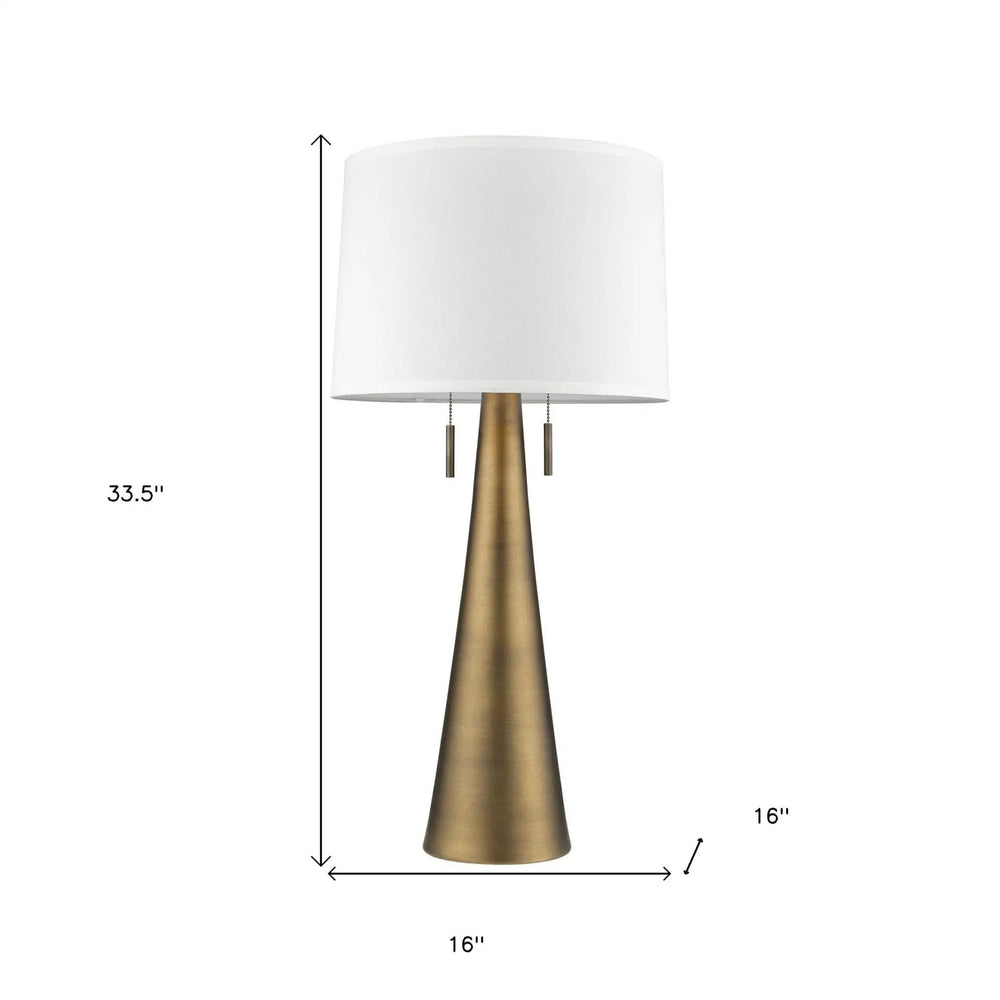 34" Brass Metal Two Light Table Lamp With White Empire Shade - Homeroots
