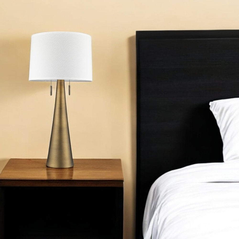 34" Brass Metal Two Light Table Lamp With White Empire Shade - Homeroots