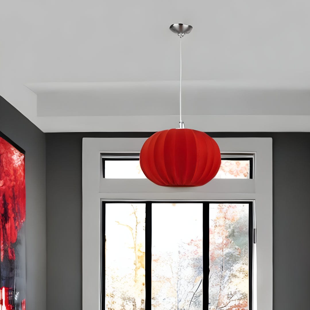 Shanghai 1-Light Brushed Nickel Pendant With Sheer Red Ribbon Shade - Homeroots