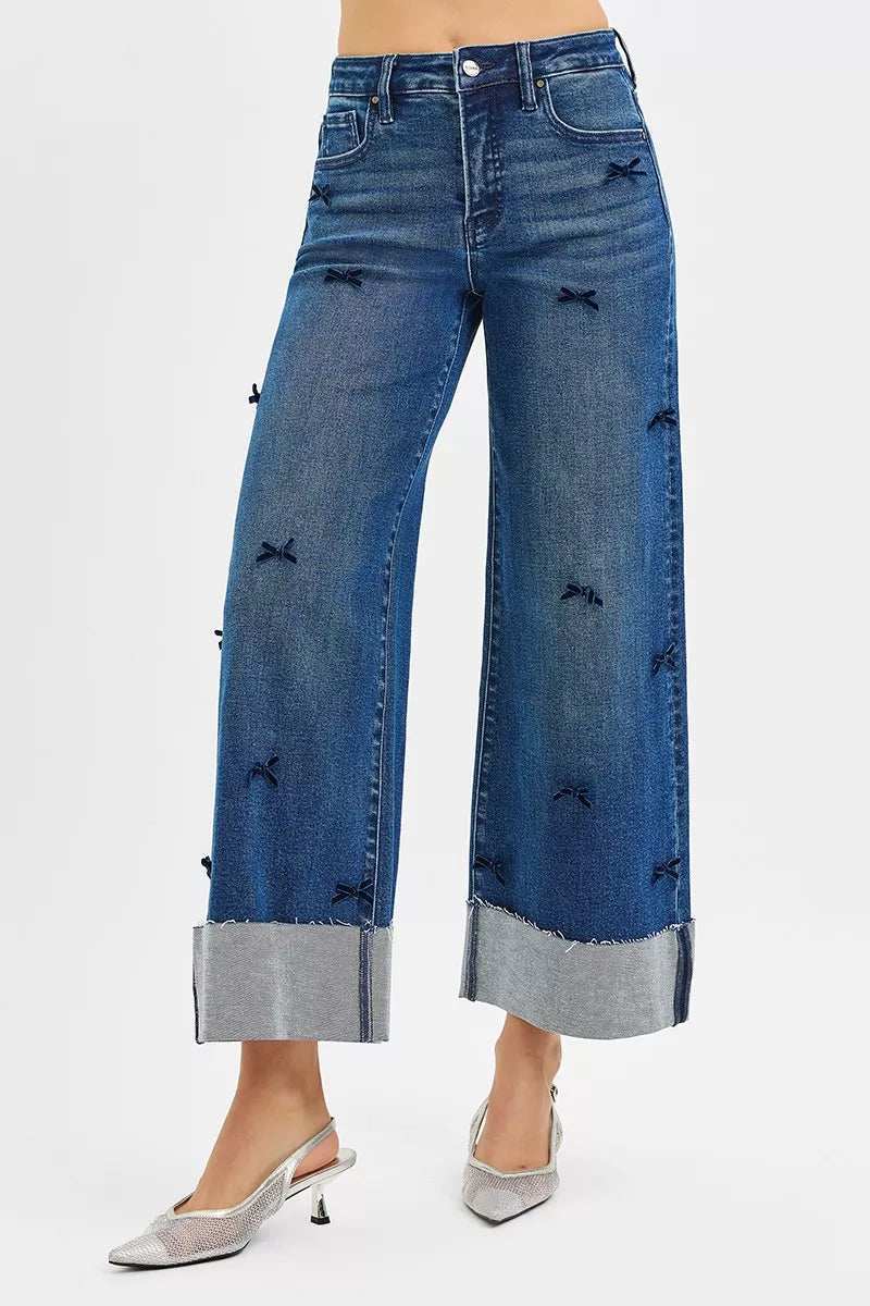 RISEN High Rise Crop Wide Leg Ribbon Detail Jeans - Trendsi - Flyclothing LLC