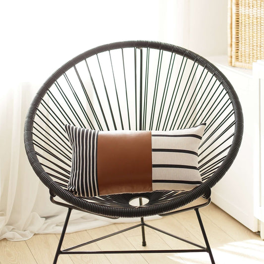 Geometric Rustic Brown Faux Leather Lumbar Pillow - Homeroots