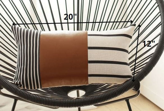 Geometric Rustic Brown Faux Leather Lumbar Pillow - Homeroots
