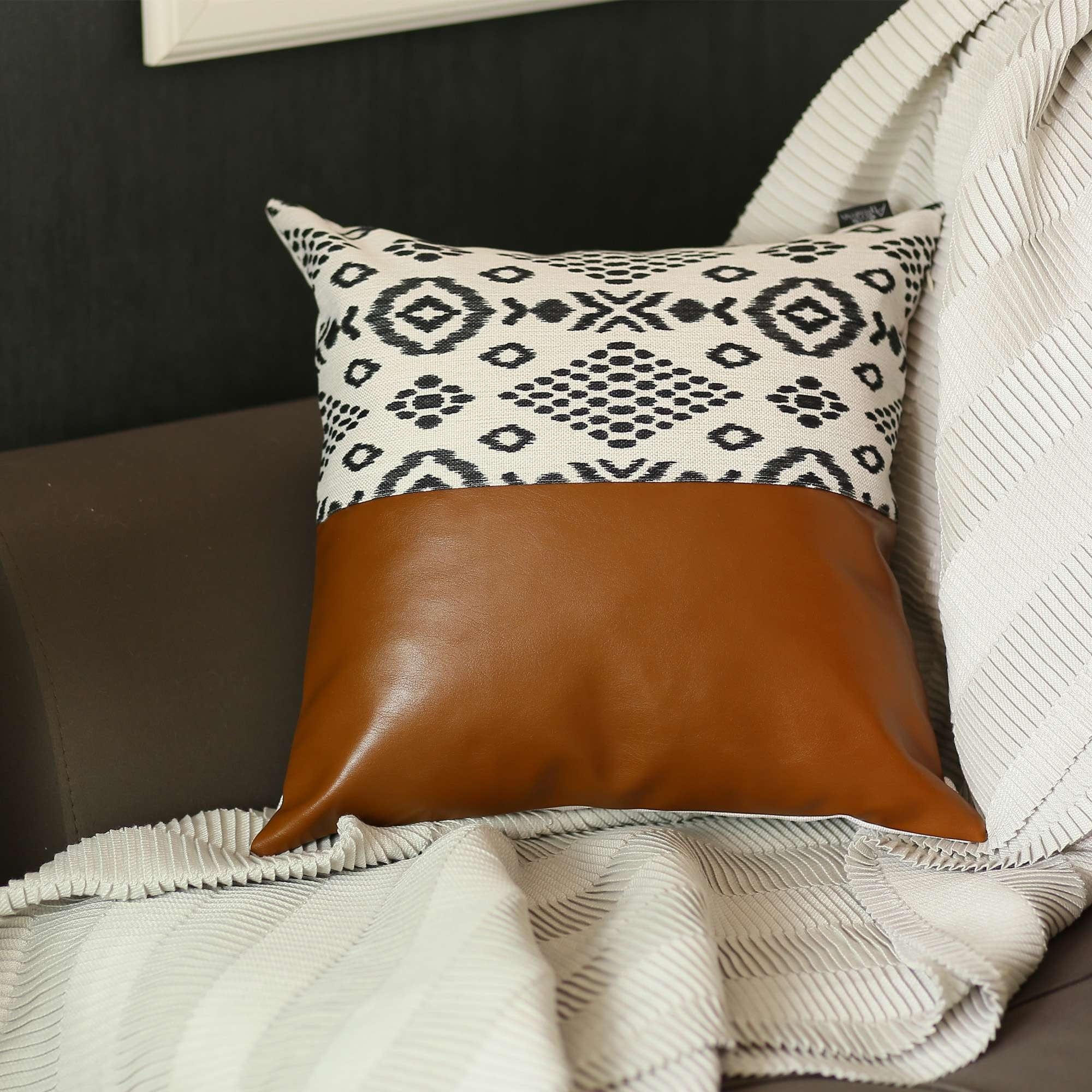 Half Patterned Faux Leather Throw Pillow - Homeroots