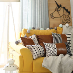 Triangular Motifs and Brown Faux Leather Throw Pillow - Homeroots