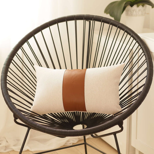 Pure White and Brown Faux Leather Lumbar Pillow - Homeroots