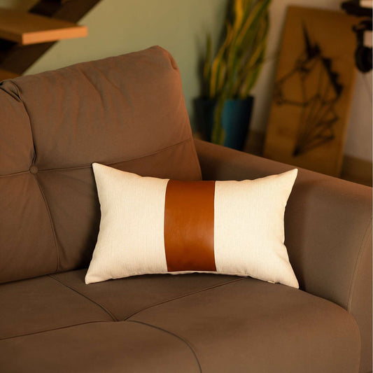 Pure White and Brown Faux Leather Lumbar Pillow - Homeroots