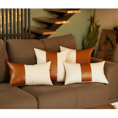 Pure White and Brown Faux Leather Lumbar Pillow - Homeroots