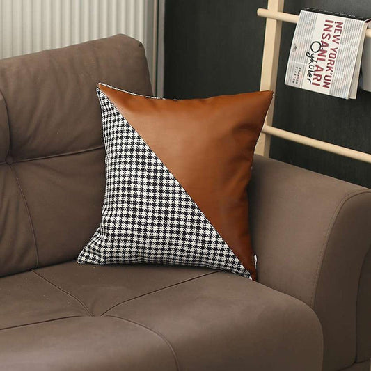 Houndstooth Brown Faux Leather Throw Pillow - Homeroots