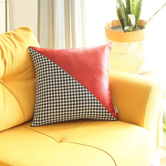 Houndstooth Red Faux Leather Throw Pillow - Homeroots