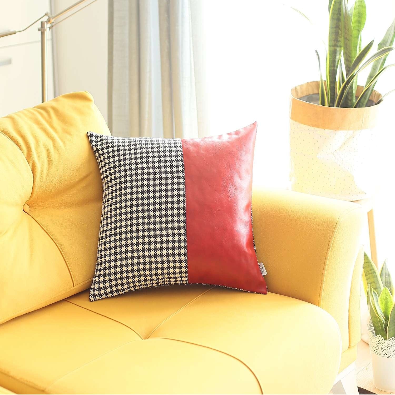 Houndstooth Divided Red Faux Leather Throw Pillow - Homeroots