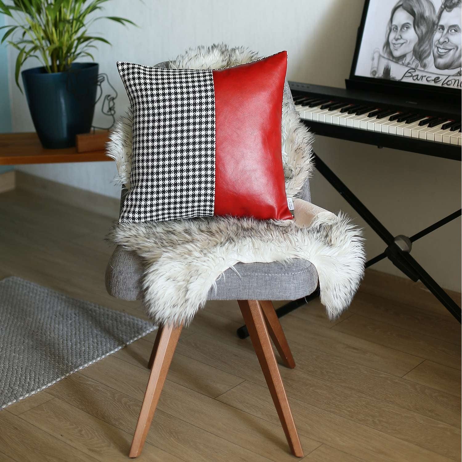 Houndstooth Divided Red Faux Leather Throw Pillow - Homeroots