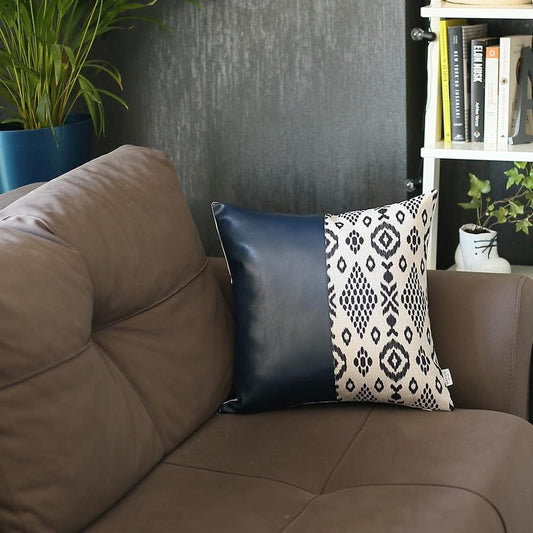 Navy Blue Divided Faux Leather Throw Pillow - Homeroots