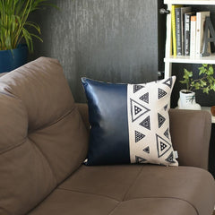 Navy Triangular Motifs Faux Leather Throw Pillow - Homeroots