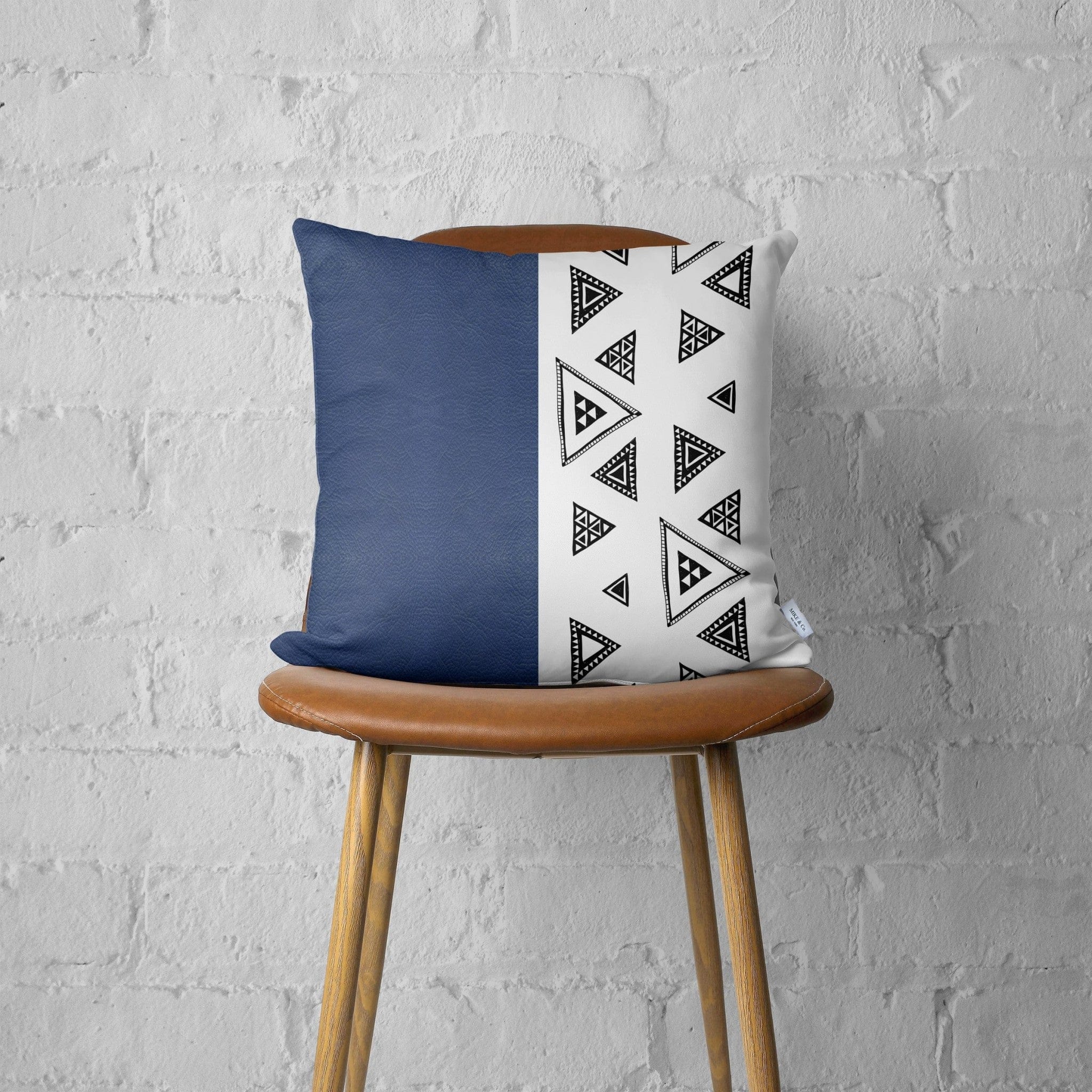 Navy Triangular Motifs Faux Leather Throw Pillow - Homeroots