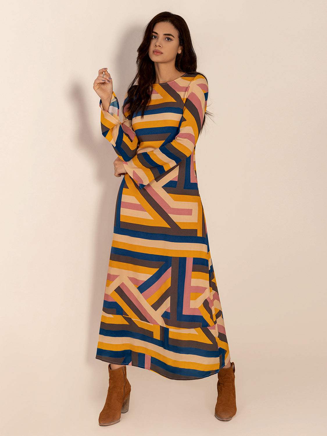 Contrast Round Neck Flare Sleeve Midi Dress - Trendsi - Flyclothing LLC