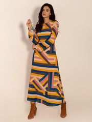 Contrast Round Neck Flare Sleeve Midi Dress - Trendsi