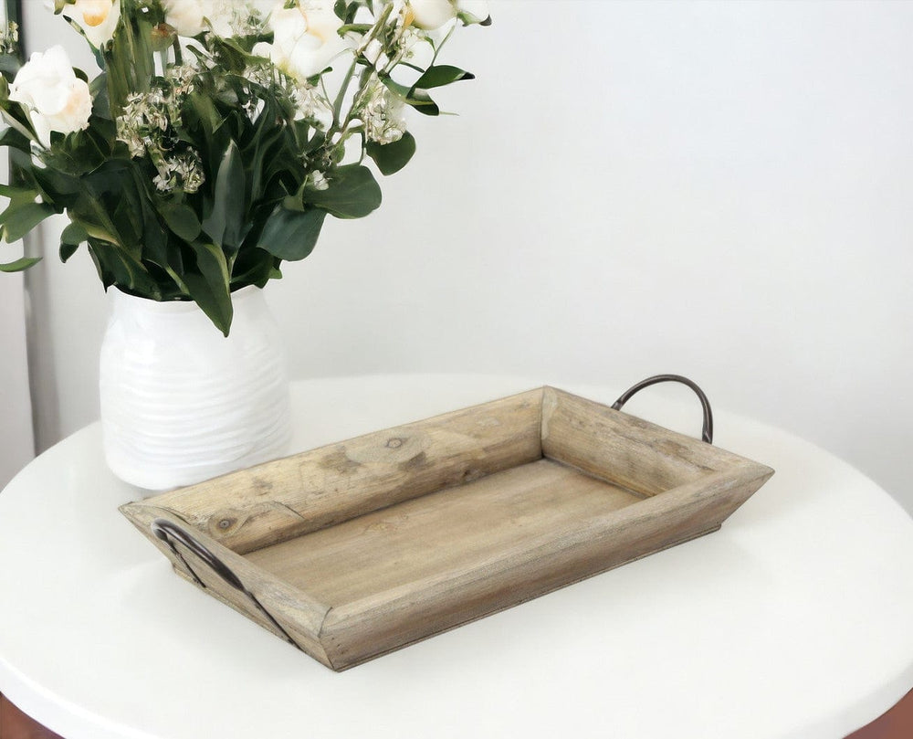 18" Brown Rectangular Solid Wood Indoor Outdoor Serving Tray With Handles - Homeroots